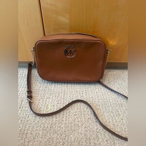 Michael Kors Brown Pebbled Leather Crossbody with Gold MK Logo